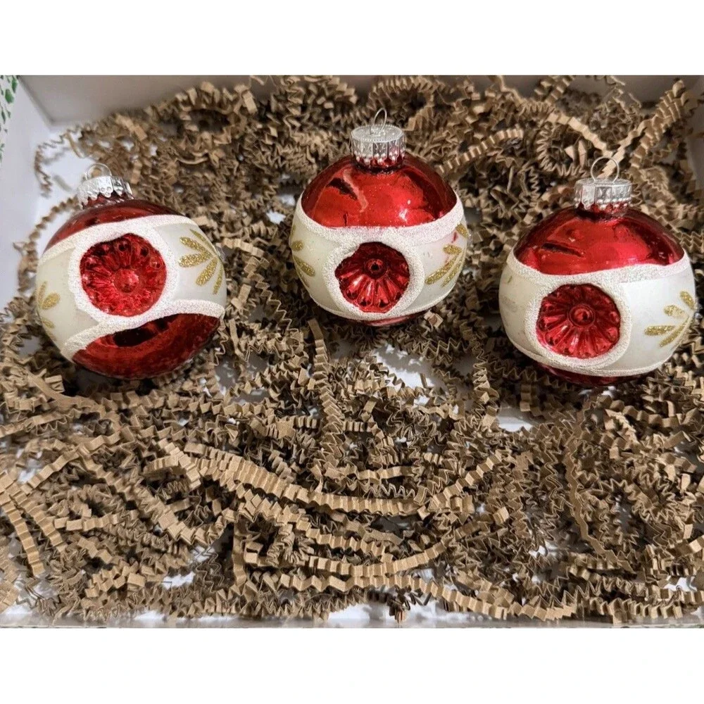 Vtg G&D Reflector Blown Glass Christmas Ornaments 3” Red White & Gold Set Of 3